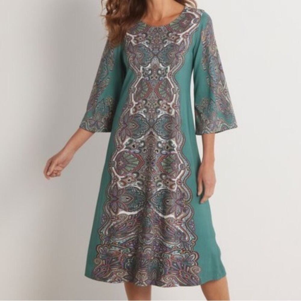 Soft Surroundings Milana Green Paisley Print Knit Midi Dress Sz.S